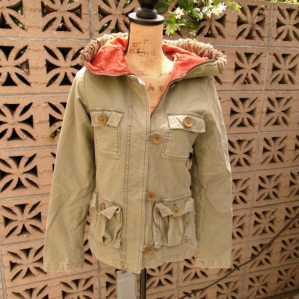 Hollister Olive Utility Jacket with Coral Lining